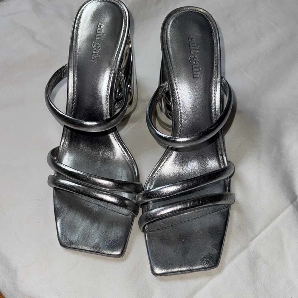Cult Gaia Silver Strappy Heels with Square-Toe